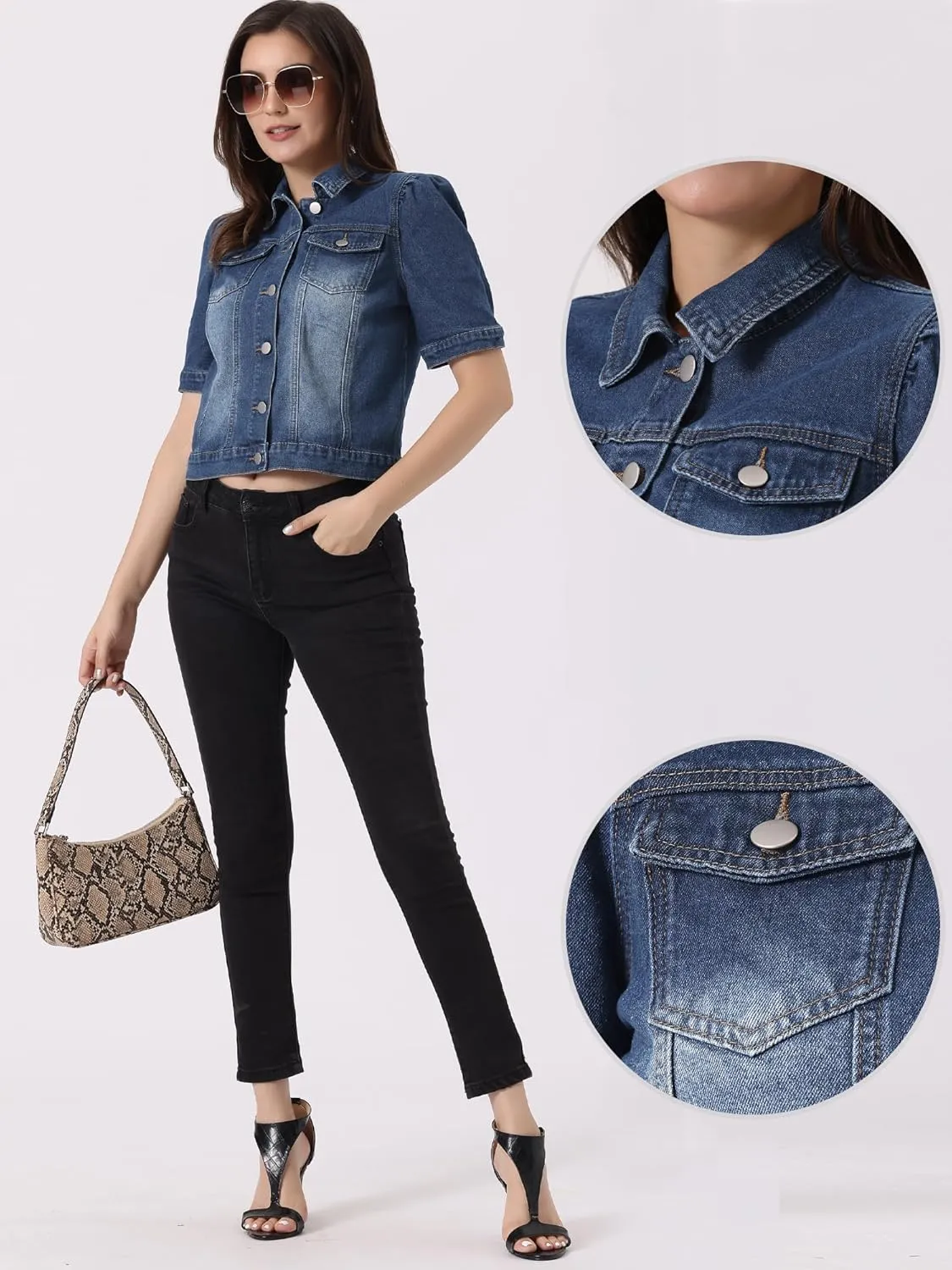 Allegra K Casual Jean Jacket for Women's Short Puff Sleeves Button-Down Denim Jacket