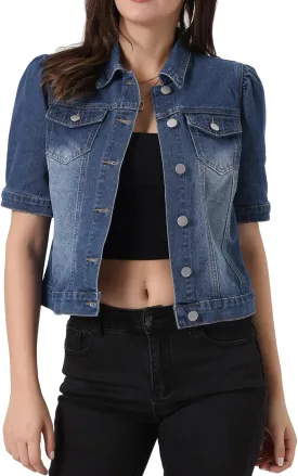 Allegra K Casual Jean Jacket for Women's Short Puff Sleeves Button-Down Denim Jacket