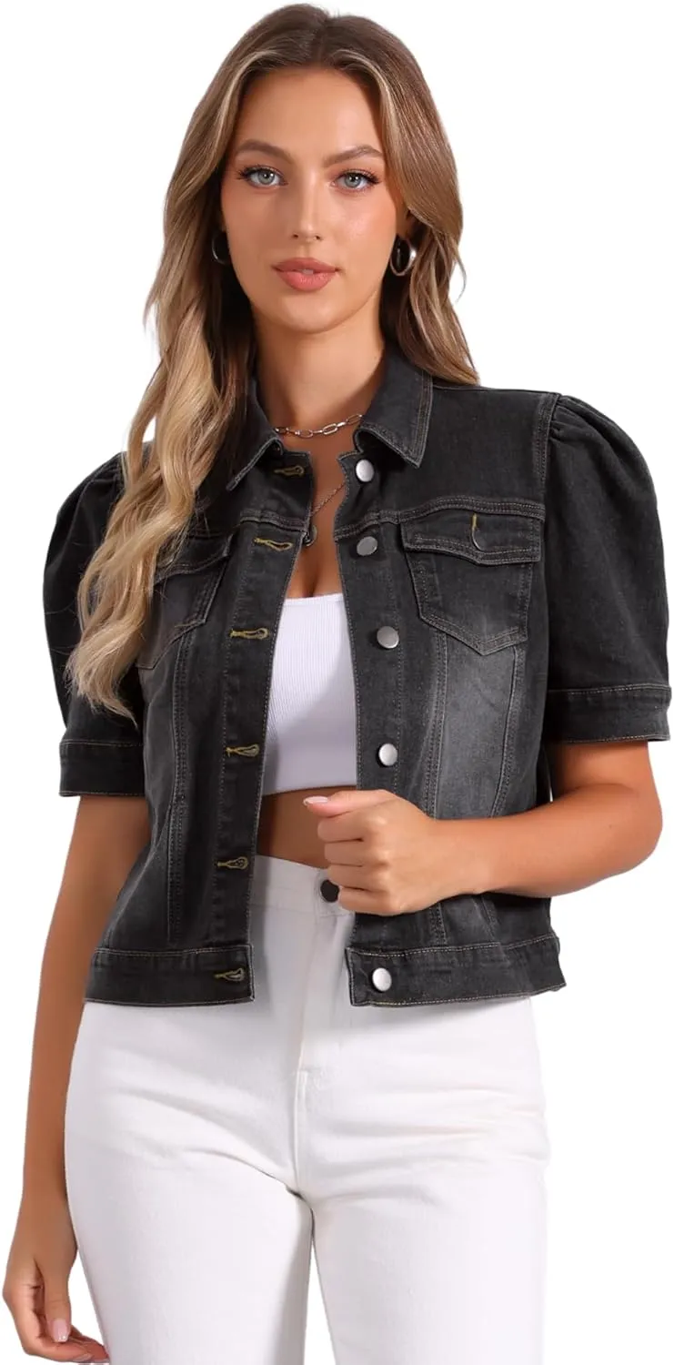 Allegra K Casual Jean Jacket for Women's Short Puff Sleeves Button-Down Denim Jacket