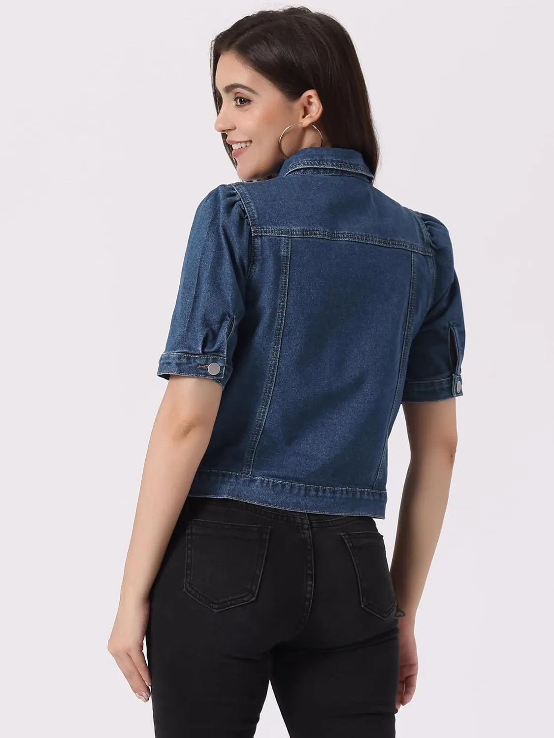 Allegra K Casual Jean Jacket for Women's Short Puff Sleeves Button-Down Denim Jacket