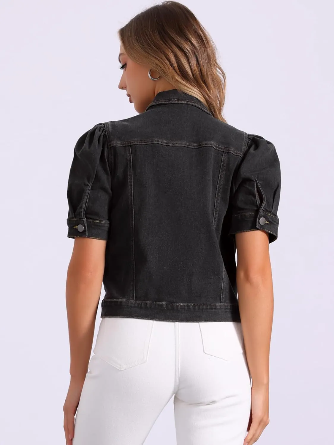 Allegra K Casual Jean Jacket for Women's Short Puff Sleeves Button-Down Denim Jacket