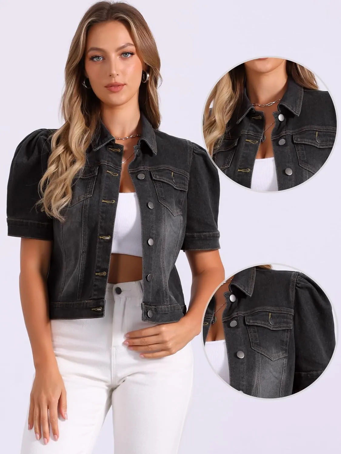 Allegra K Casual Jean Jacket for Women's Short Puff Sleeves Button-Down Denim Jacket