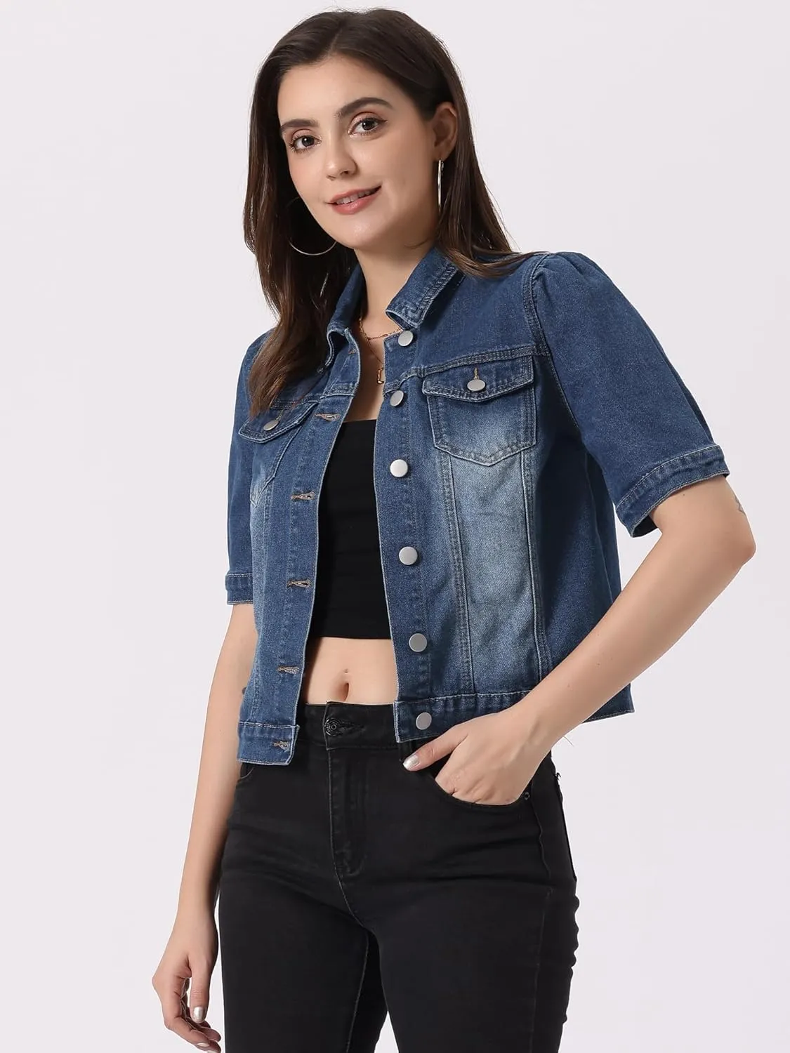 Allegra K Casual Jean Jacket for Women's Short Puff Sleeves Button-Down Denim Jacket