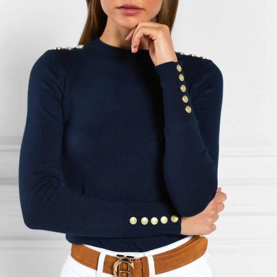 Buttoned Knit Crew Neck