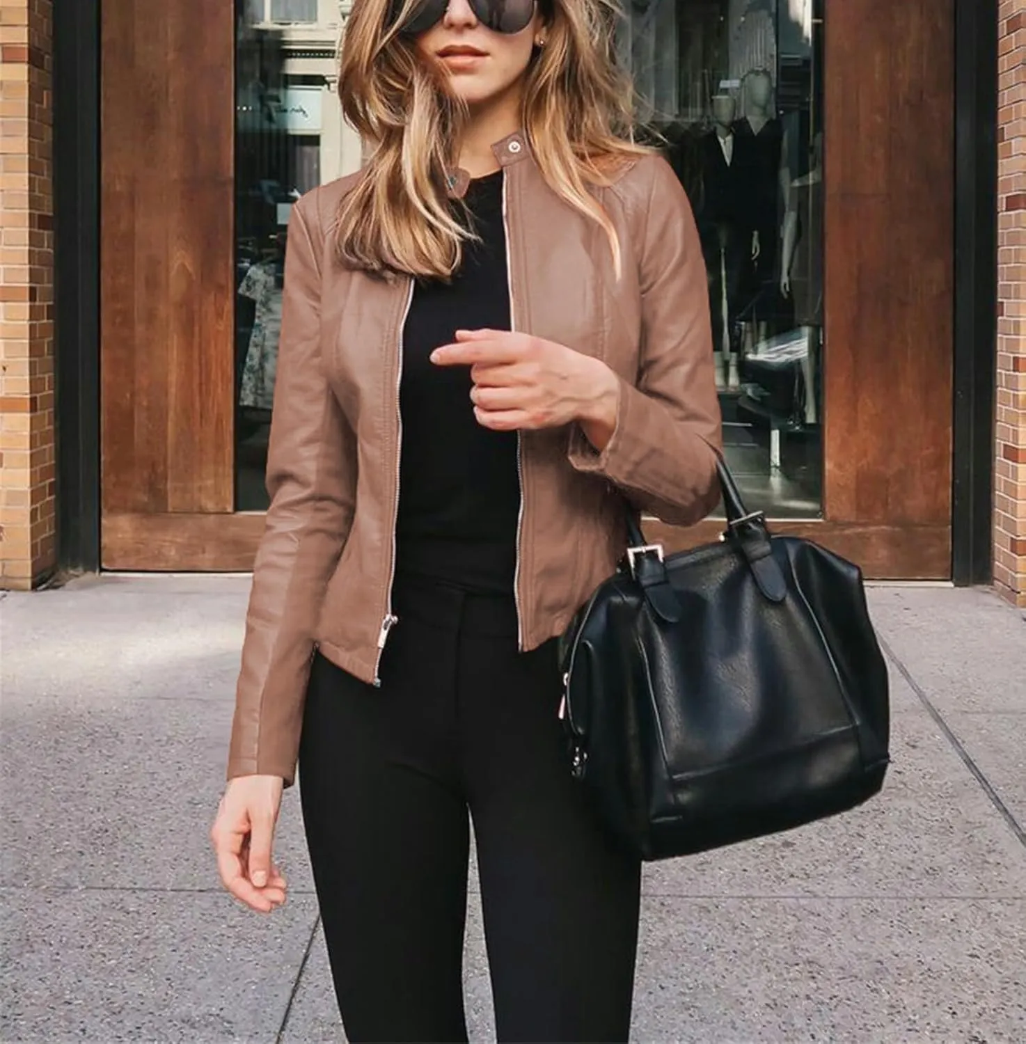 Canbebig Womens Faux Leather Jackets Zip Up Suit Jackets Slim Fit Coats Casual Lightweight Outwear Moto Biker Jackets