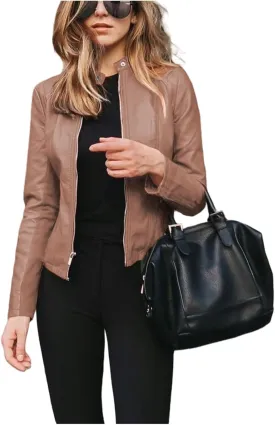 Canbebig Womens Faux Leather Jackets Zip Up Suit Jackets Slim Fit Coats Casual Lightweight Outwear Moto Biker Jackets