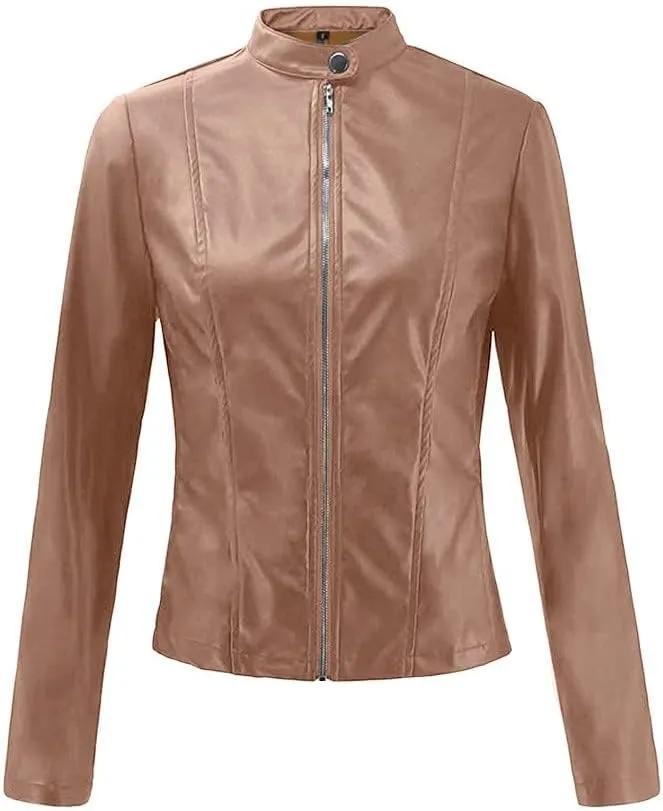Canbebig Womens Faux Leather Jackets Zip Up Suit Jackets Slim Fit Coats Casual Lightweight Outwear Moto Biker Jackets
