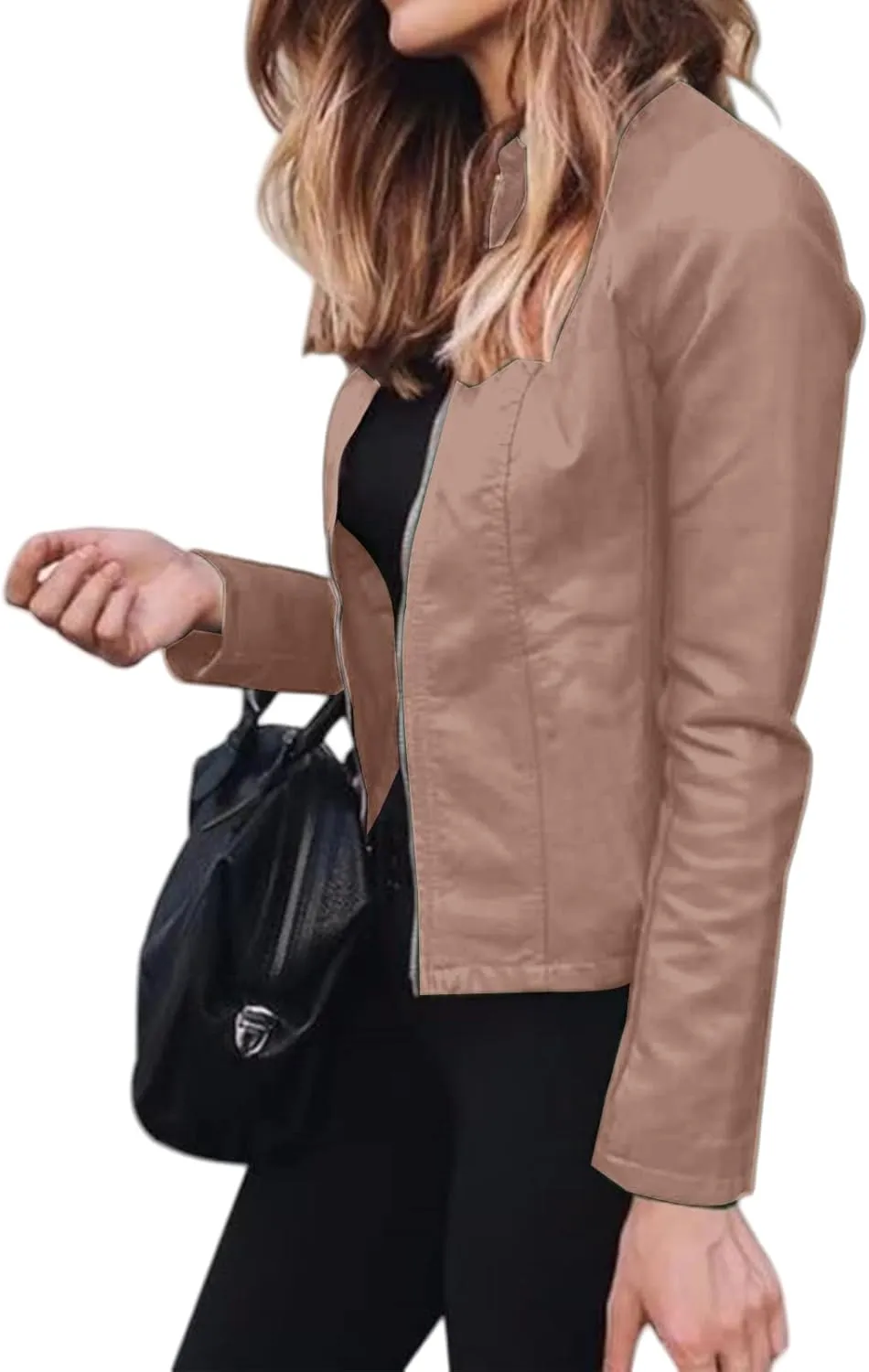 Canbebig Womens Faux Leather Jackets Zip Up Suit Jackets Slim Fit Coats Casual Lightweight Outwear Moto Biker Jackets