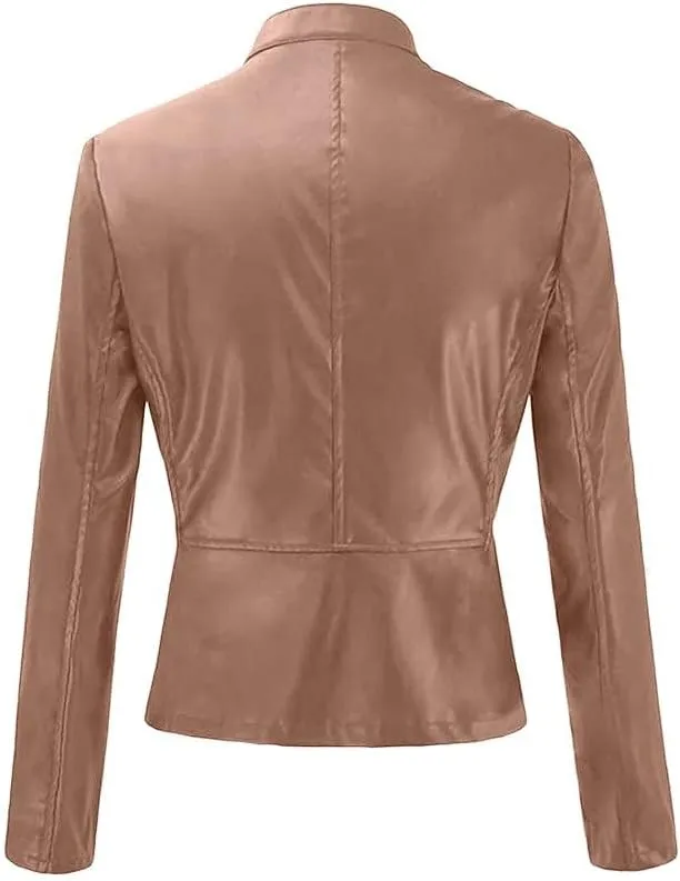 Canbebig Womens Faux Leather Jackets Zip Up Suit Jackets Slim Fit Coats Casual Lightweight Outwear Moto Biker Jackets