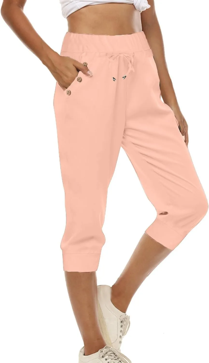 Capri Pants for Women High Waisted Drawstring Trousers Stretch Lightweight Hiking Pant Capri Joggers with Pockets