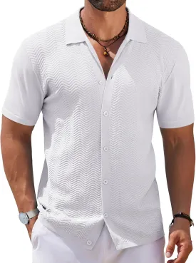 COOFANDY Mens Knit Short Sleeve Shirt Casual Button Down Shirt Vintage Fashion Polo Shirts Crochet Summer Beach Shirts