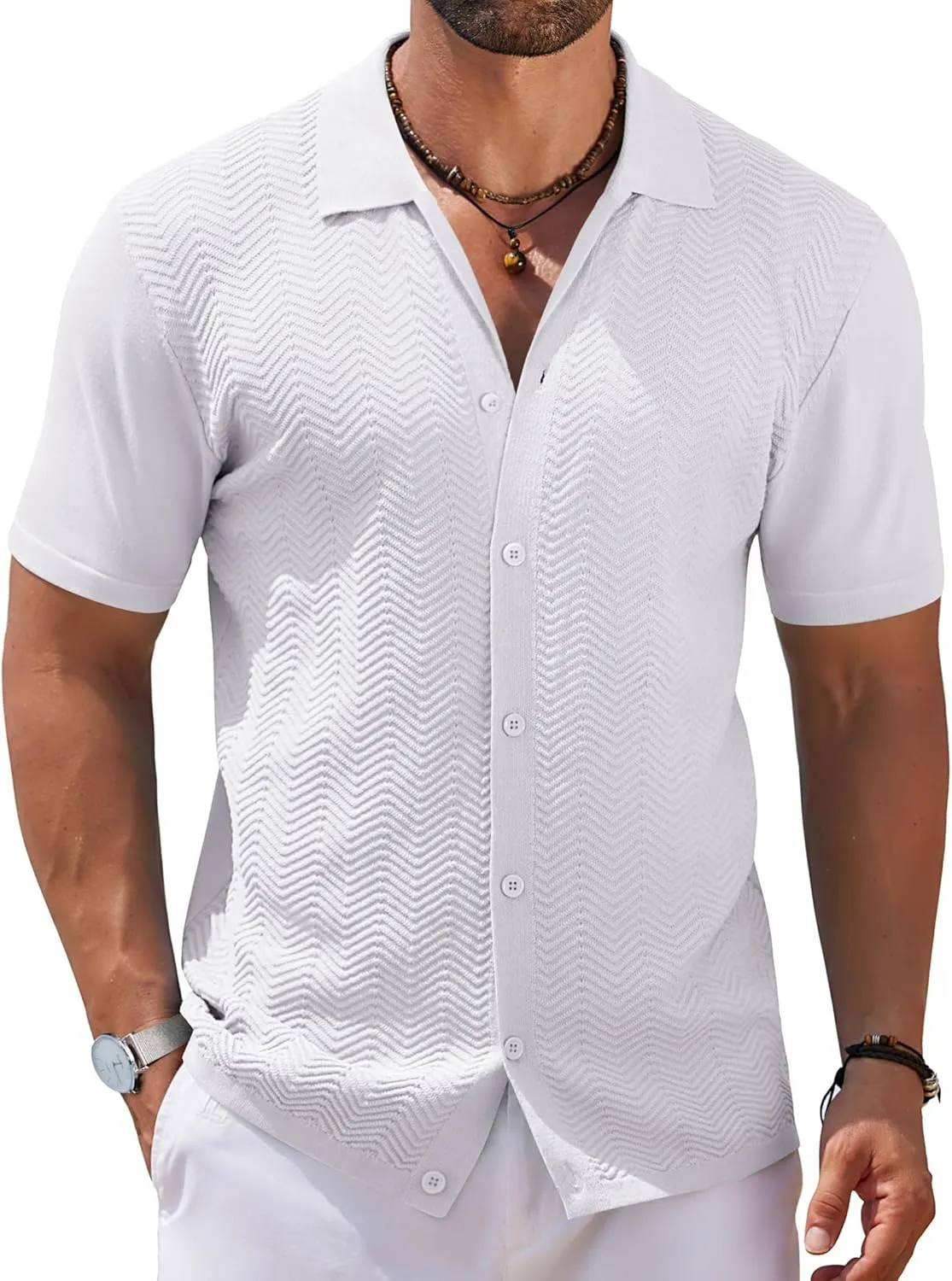 COOFANDY Mens Knit Short Sleeve Shirt Casual Button Down Shirt Vintage Fashion Polo Shirts Crochet Summer Beach Shirts