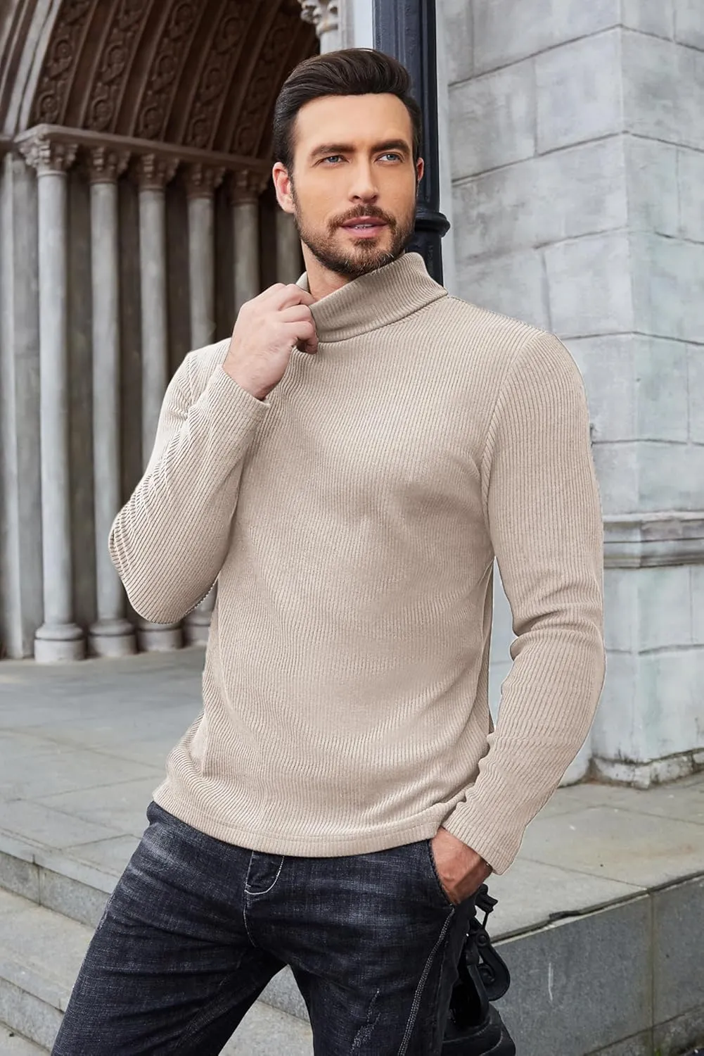 COOFANDY Mens Knitted Turtleneck Long Sleeve Turtle Neck Ribbed Pullover Sweater Thermal Casual High Neck
