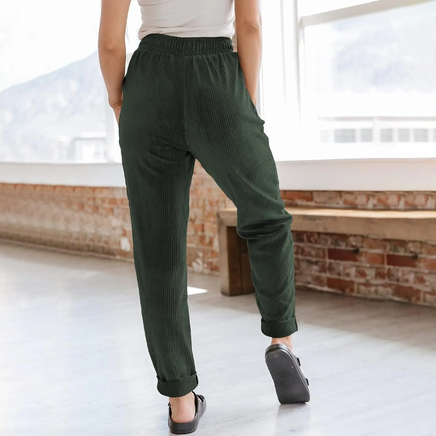 Corduroy Pants Women Baggy Comfy Drawstring Elastic High Waisted Work Pants Casual Loose Straight Leg Pants