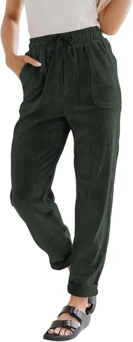 Corduroy Pants Women Baggy Comfy Drawstring Elastic High Waisted Work Pants Casual Loose Straight Leg Pants