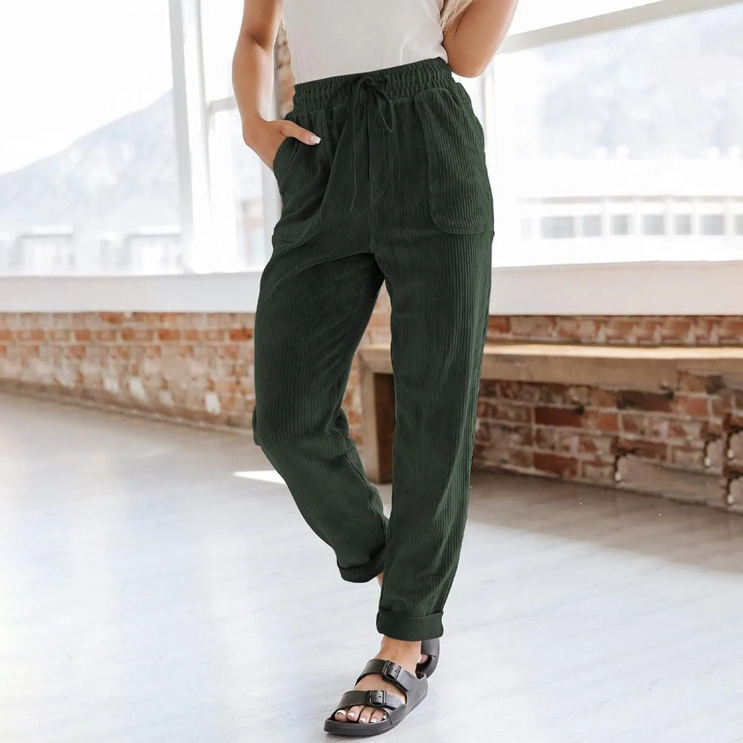 Corduroy Pants Women Baggy Comfy Drawstring Elastic High Waisted Work Pants Casual Loose Straight Leg Pants