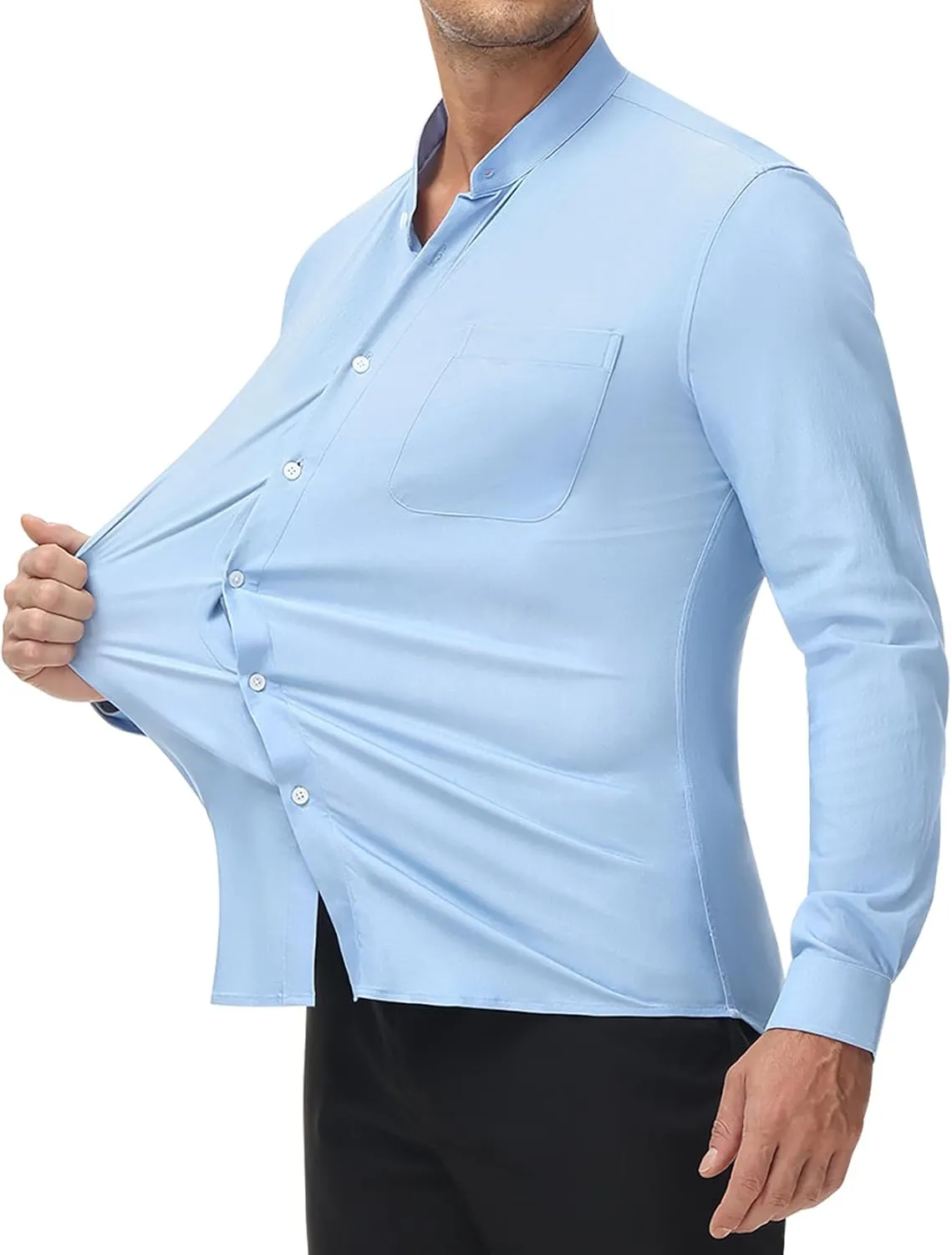 DEMEANOR Band Collar Dress Shirts for Men Stretch Dress Shirts Collarless Button Down Long Sleeve Shirts Muscle Fit