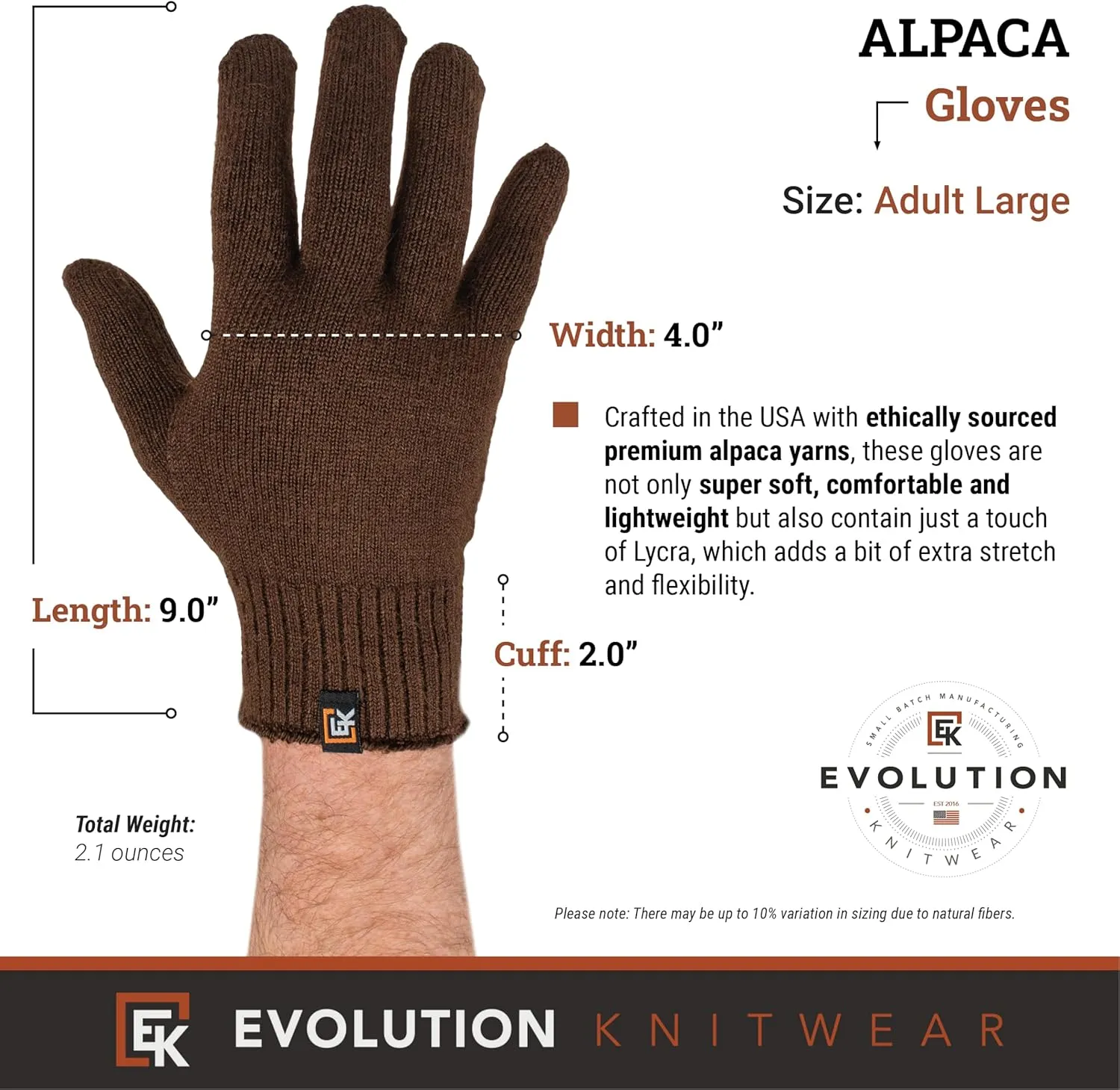 Evolution Knitwear Alpaca Knit Gloves - Super Soft Baby Alpaca - Made in The USA - Large