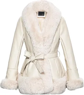Faux Leather Jacket for Women with Faux Fur Collar Long Sleeve Parka with Pockets Warm Winter Coat with Belt