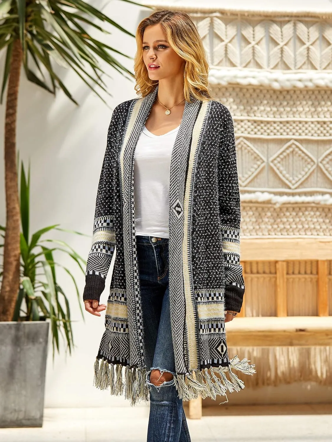 FERBIA Women Boho Cardigan Sweater Long Open Front Maxi Knit Sweaters Aztec Tribal Tassel Fringe Thin Coat