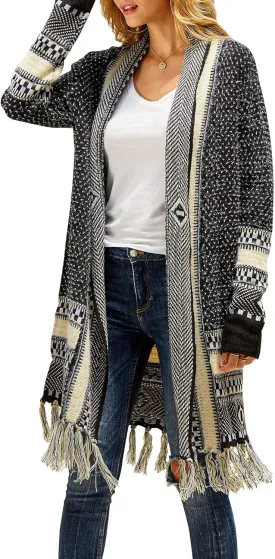 FERBIA Women Boho Cardigan Sweater Long Open Front Maxi Knit Sweaters Aztec Tribal Tassel Fringe Thin Coat