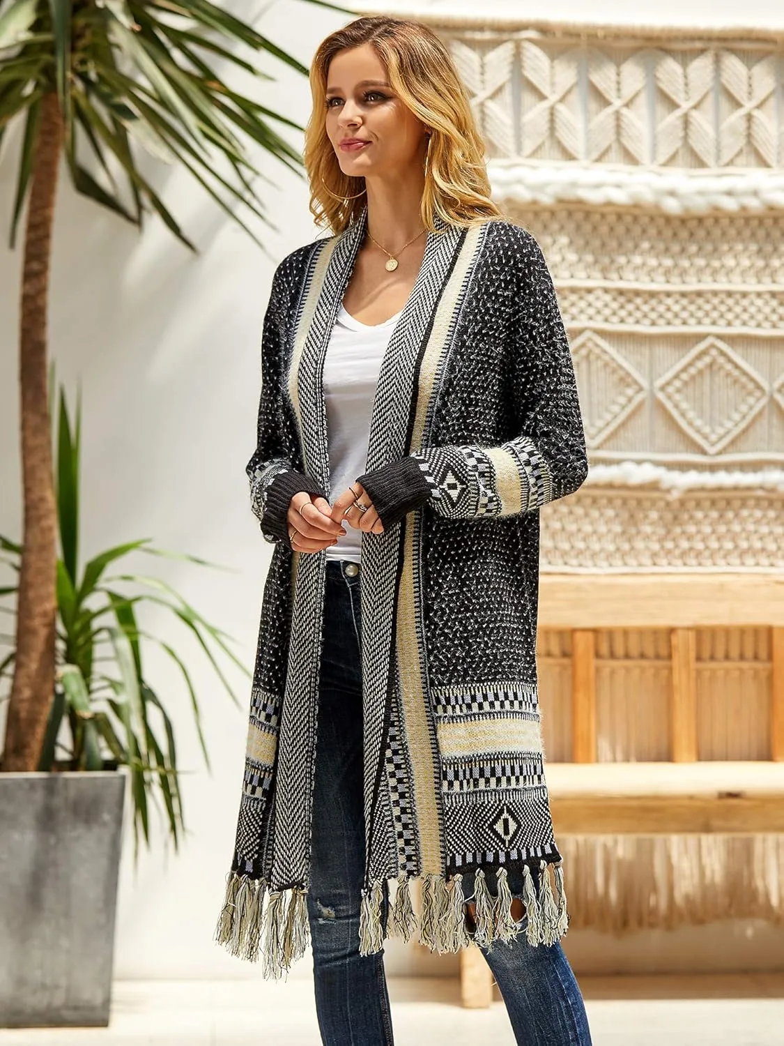 FERBIA Women Boho Cardigan Sweater Long Open Front Maxi Knit Sweaters Aztec Tribal Tassel Fringe Thin Coat