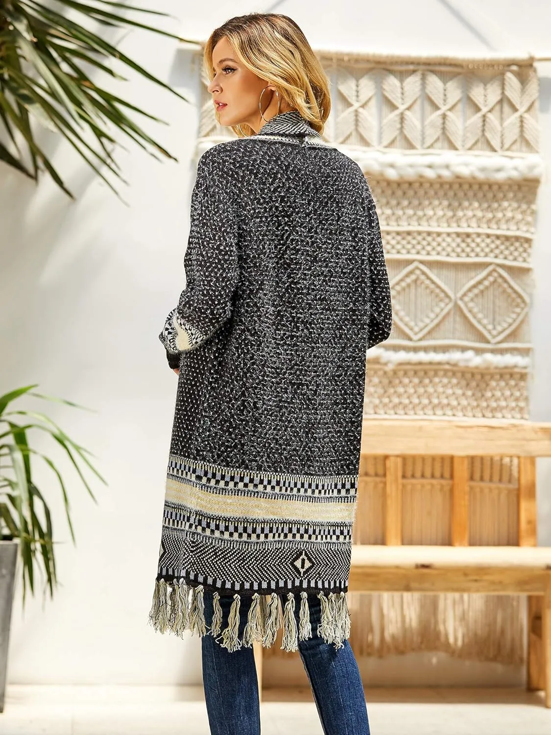 FERBIA Women Boho Cardigan Sweater Long Open Front Maxi Knit Sweaters Aztec Tribal Tassel Fringe Thin Coat