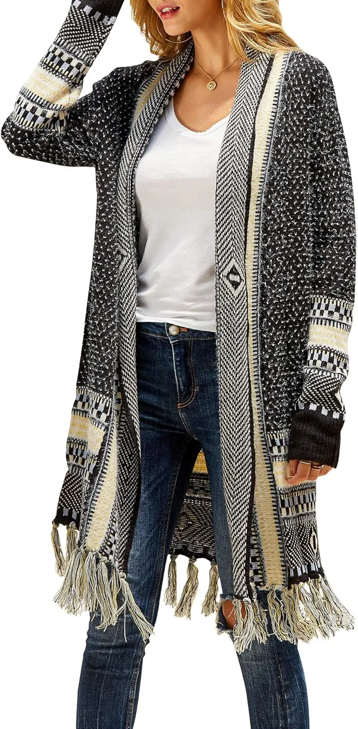 FERBIA Women Boho Cardigan Sweater Long Open Front Maxi Knit Sweaters Aztec Tribal Tassel Fringe Thin Coat