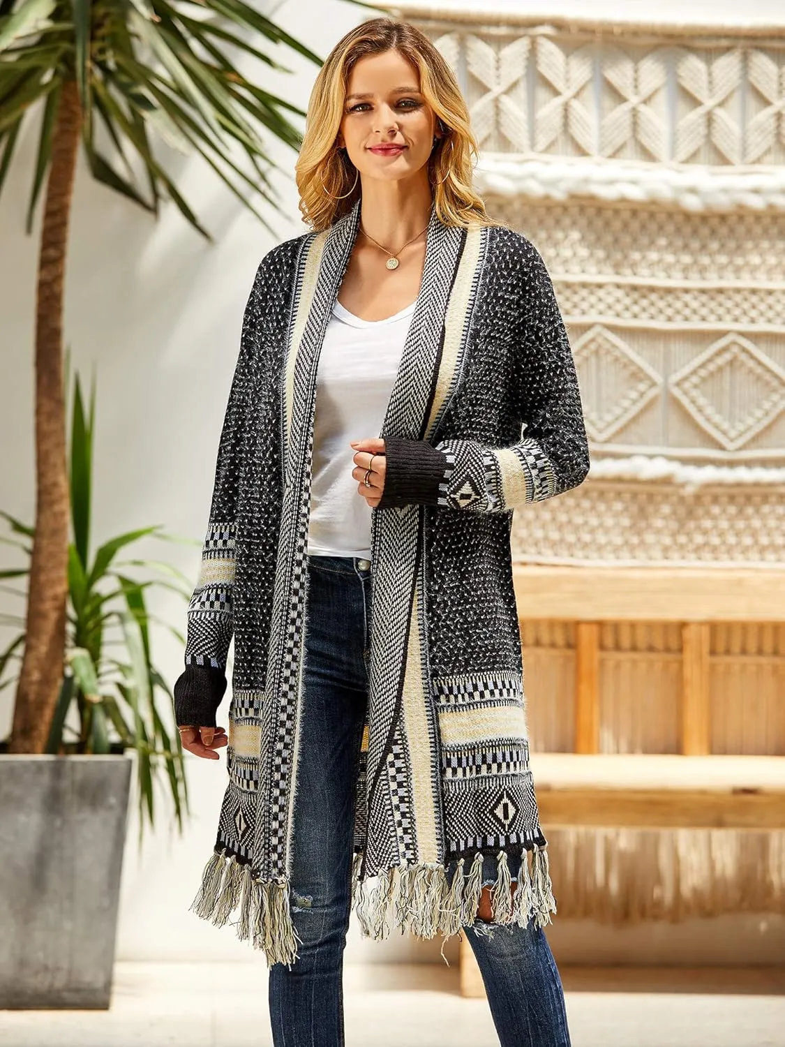 FERBIA Women Boho Cardigan Sweater Long Open Front Maxi Knit Sweaters Aztec Tribal Tassel Fringe Thin Coat