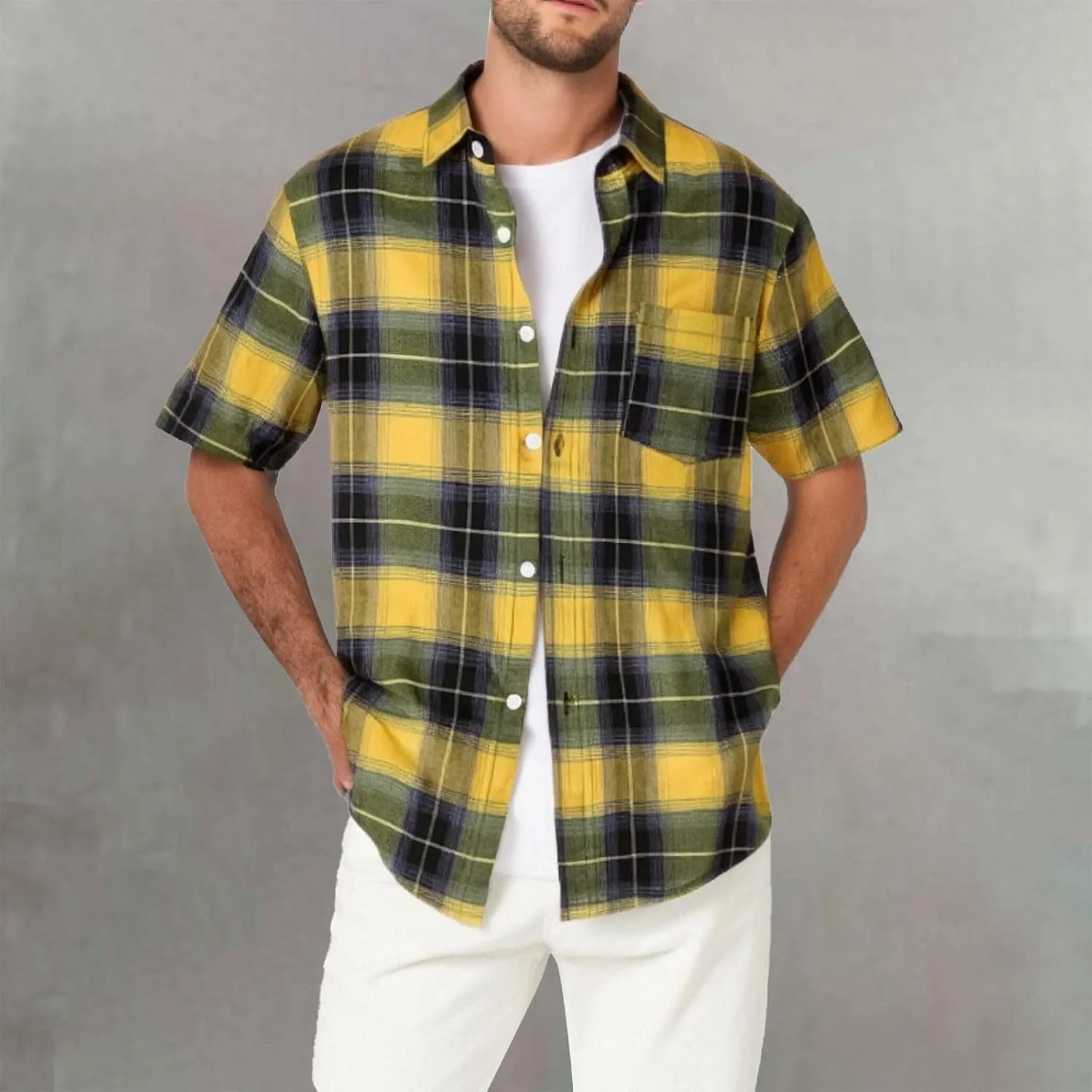 Flannel Shirt for Men Short Sleeve Button Up Plaid Tshirt with Pocket Casual Work Top Lightweight Breathable Clothes