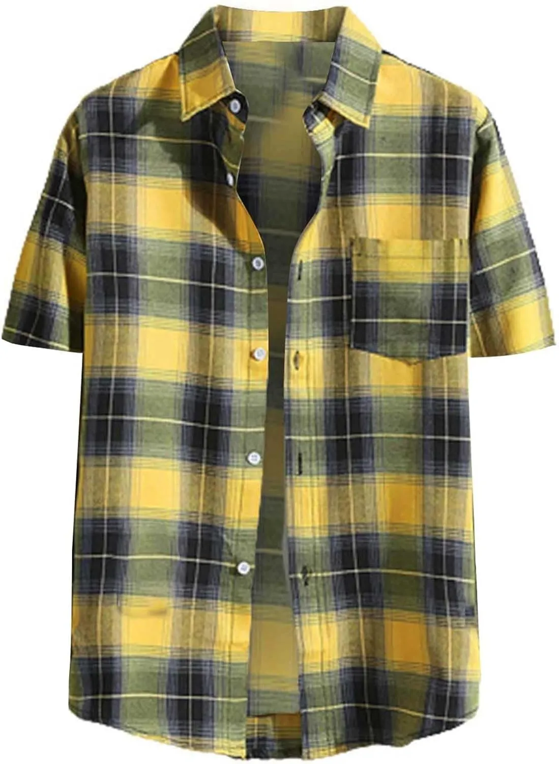 Flannel Shirt for Men Short Sleeve Button Up Plaid Tshirt with Pocket Casual Work Top Lightweight Breathable Clothes