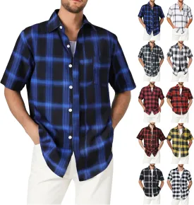 Flannel Shirt for Men Short Sleeve Button Up Plaid Tshirt with Pocket Casual Work Top Lightweight Breathable Clothes