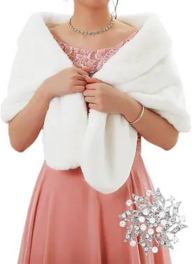 GORAIS Women's Wedding Faux Fur Shawls and Wraps Bridal Fur Scarf Stoles with Brooch for Bride and Bridesmaids