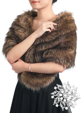GORAIS Women's Wedding Faux Fur Shawls and Wraps Bridal Fur Scarf Stoles with Brooch for Bride and Bridesmaids