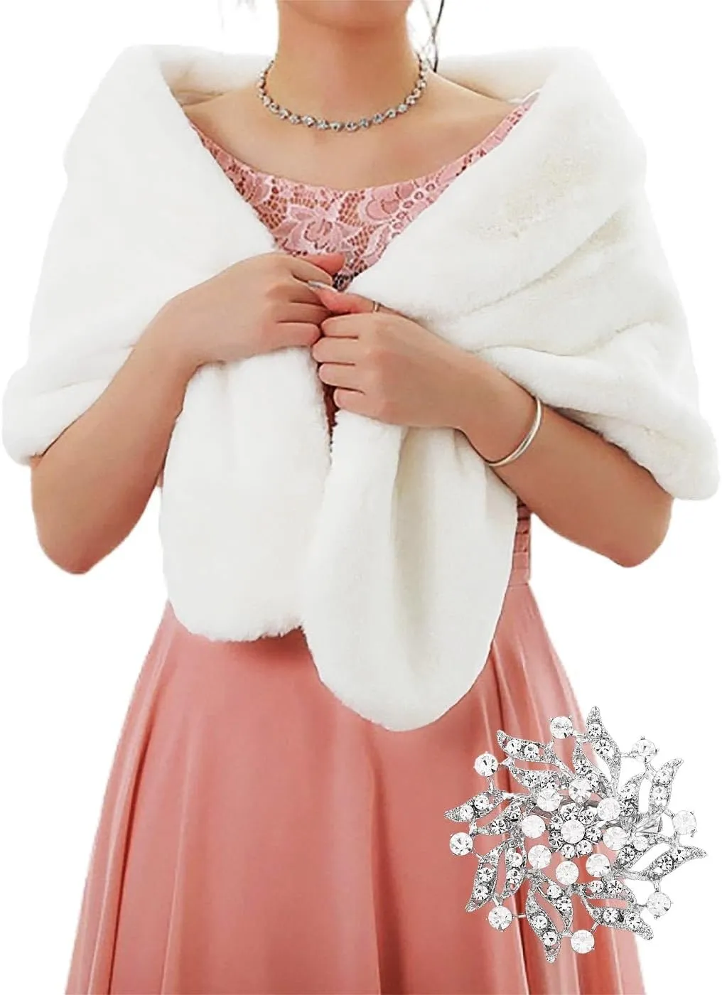 GORAIS Women's Wedding Faux Fur Shawls and Wraps Bridal Fur Scarf Stoles with Brooch for Bride and Bridesmaids