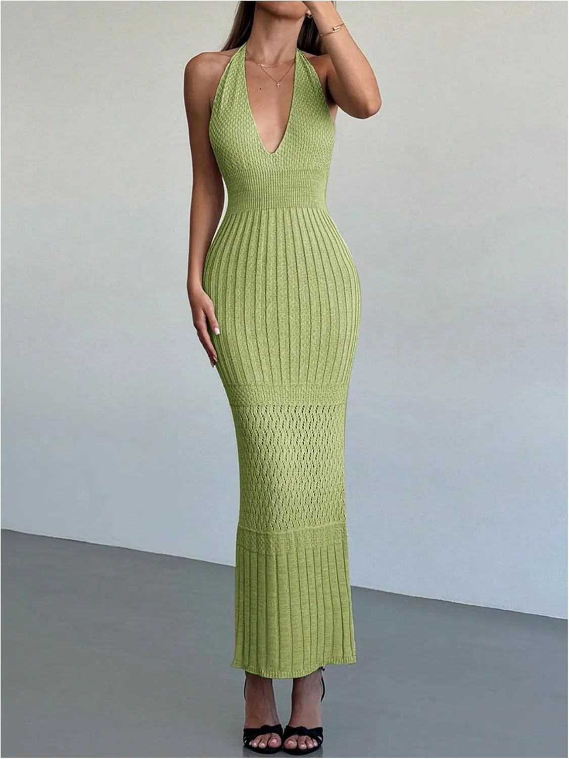 GORGLITTER Women's Crochet Halter Maxi Dress Backless Deep V Neck Bodycon Long Knit Dresses