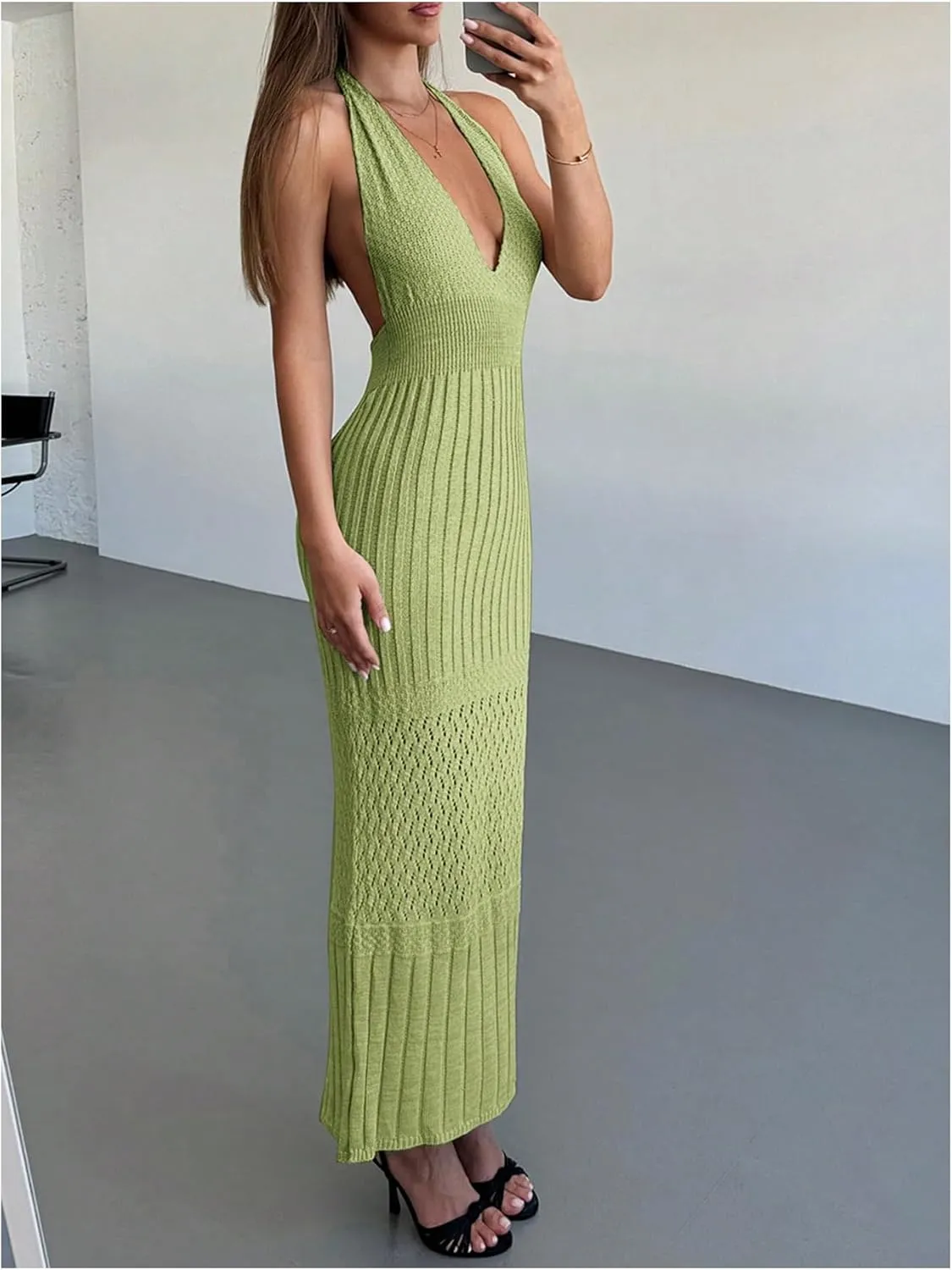 GORGLITTER Women's Crochet Halter Maxi Dress Backless Deep V Neck Bodycon Long Knit Dresses