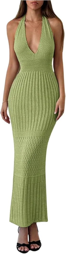 GORGLITTER Women's Crochet Halter Maxi Dress Backless Deep V Neck Bodycon Long Knit Dresses
