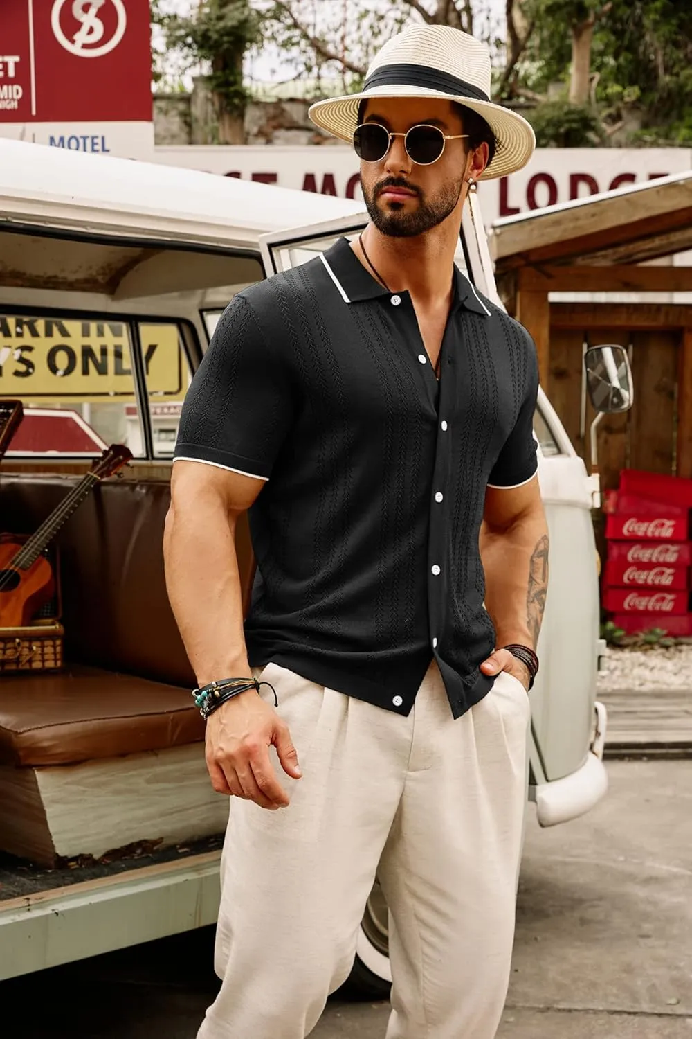 GRACE KARIN Men's Knit Polo Shirt Breathable Hollow Out Casual Button Down Shirts