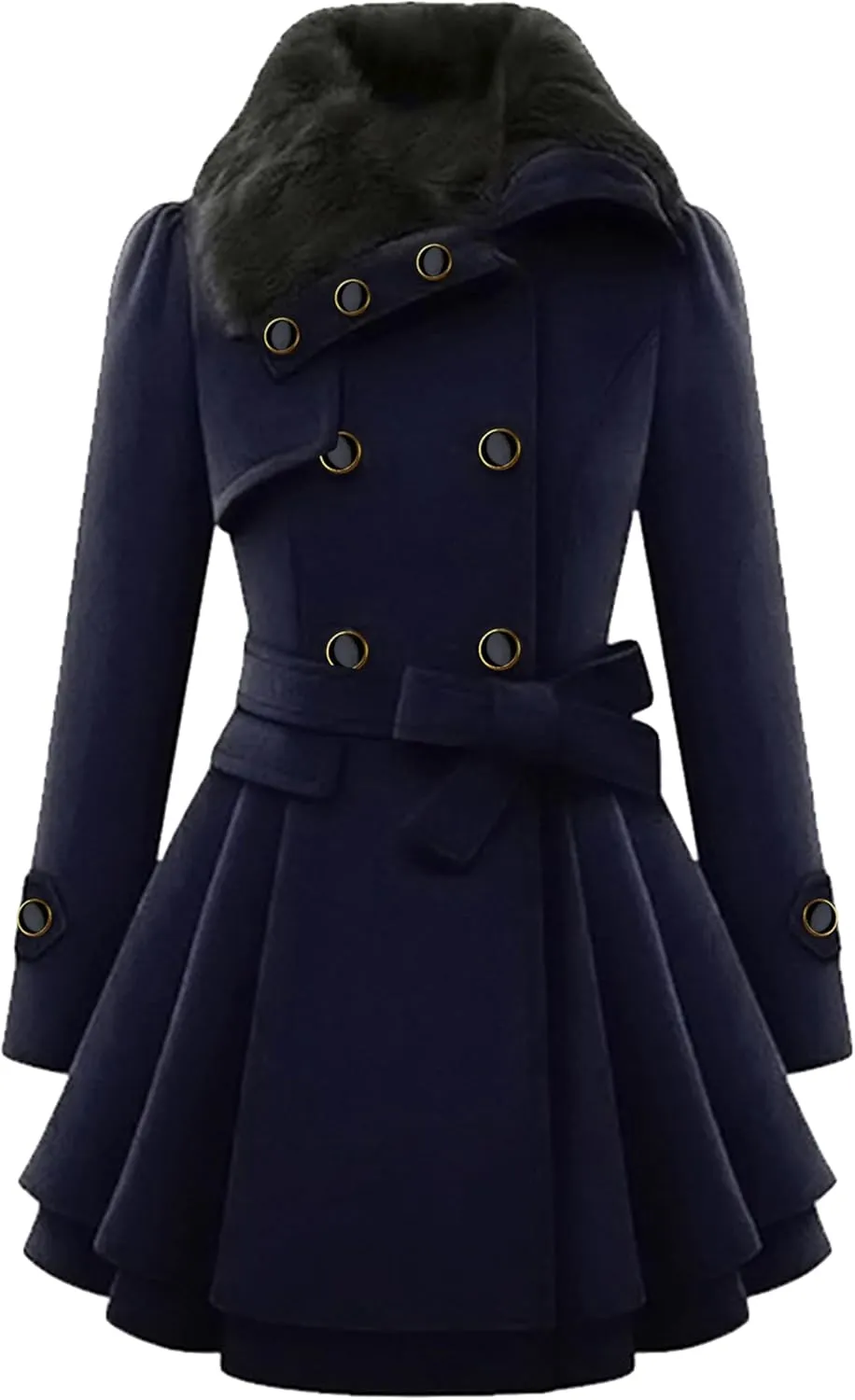 GRASWE Womens Wool Blend Faux Fur Collar Peacoat Warm Casual Winter Trench Coat Midi Legnth Double Breasted Fashion Jacket