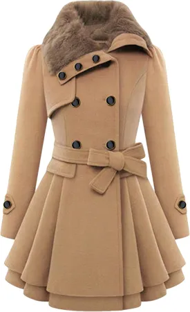 GRASWE Womens Wool Blend Faux Fur Collar Peacoat Warm Casual Winter Trench Coat Midi Legnth Double Breasted Fashion Jacket