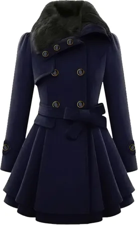 GRASWE Womens Wool Blend Faux Fur Collar Peacoat Warm Casual Winter Trench Coat Midi Legnth Double Breasted Fashion Jacket
