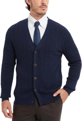 Kallspin Men's Pure Cotton Cable Knit Cardigan V-Neck Sweater Classic Casual Knitwear with Buttons