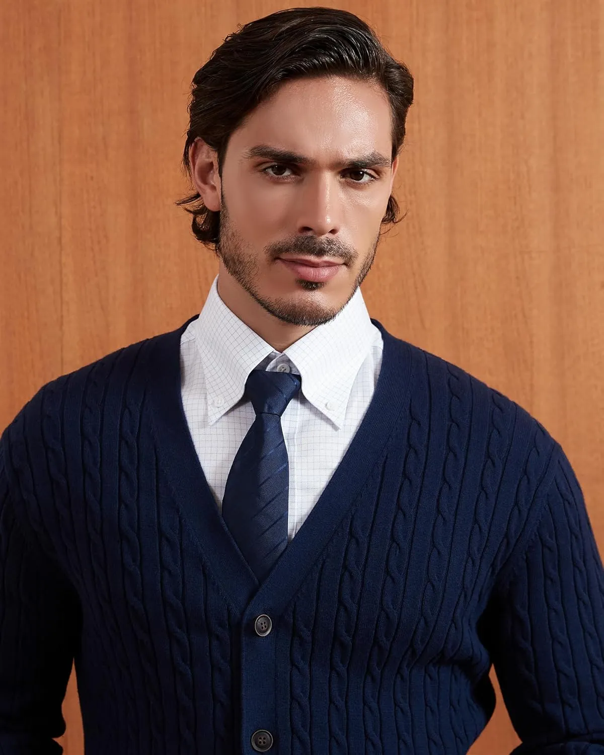 Kallspin Men's Pure Cotton Cable Knit Cardigan V-Neck Sweater Classic Casual Knitwear with Buttons