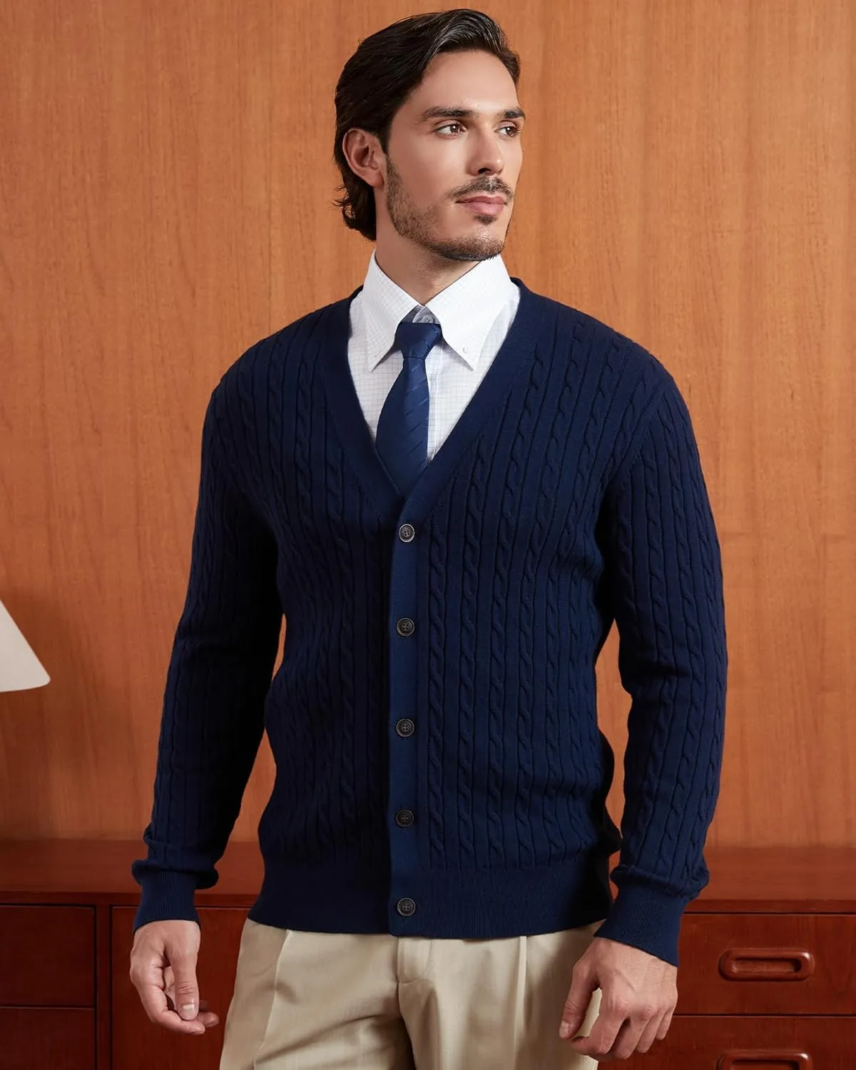 Kallspin Men's Pure Cotton Cable Knit Cardigan V-Neck Sweater Classic Casual Knitwear with Buttons