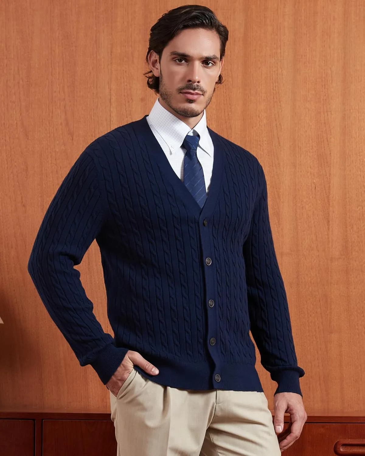 Kallspin Men's Pure Cotton Cable Knit Cardigan V-Neck Sweater Classic Casual Knitwear with Buttons