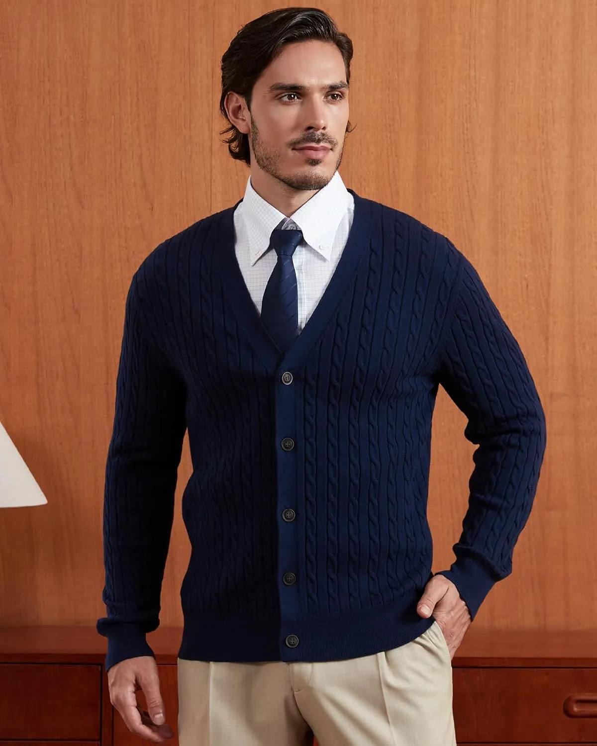 Kallspin Men's Pure Cotton Cable Knit Cardigan V-Neck Sweater Classic Casual Knitwear with Buttons