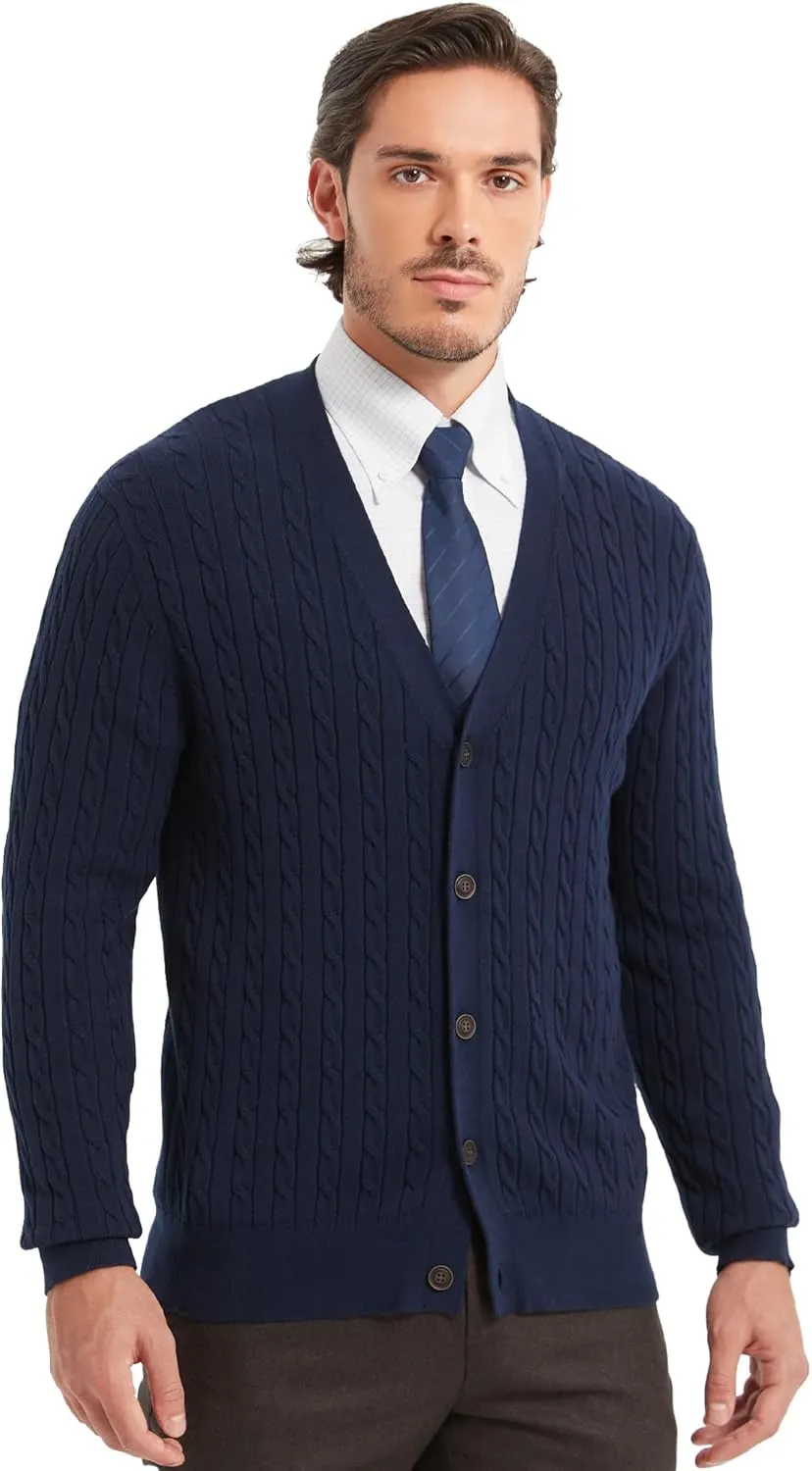 Kallspin Men's Pure Cotton Cable Knit Cardigan V-Neck Sweater Classic Casual Knitwear with Buttons