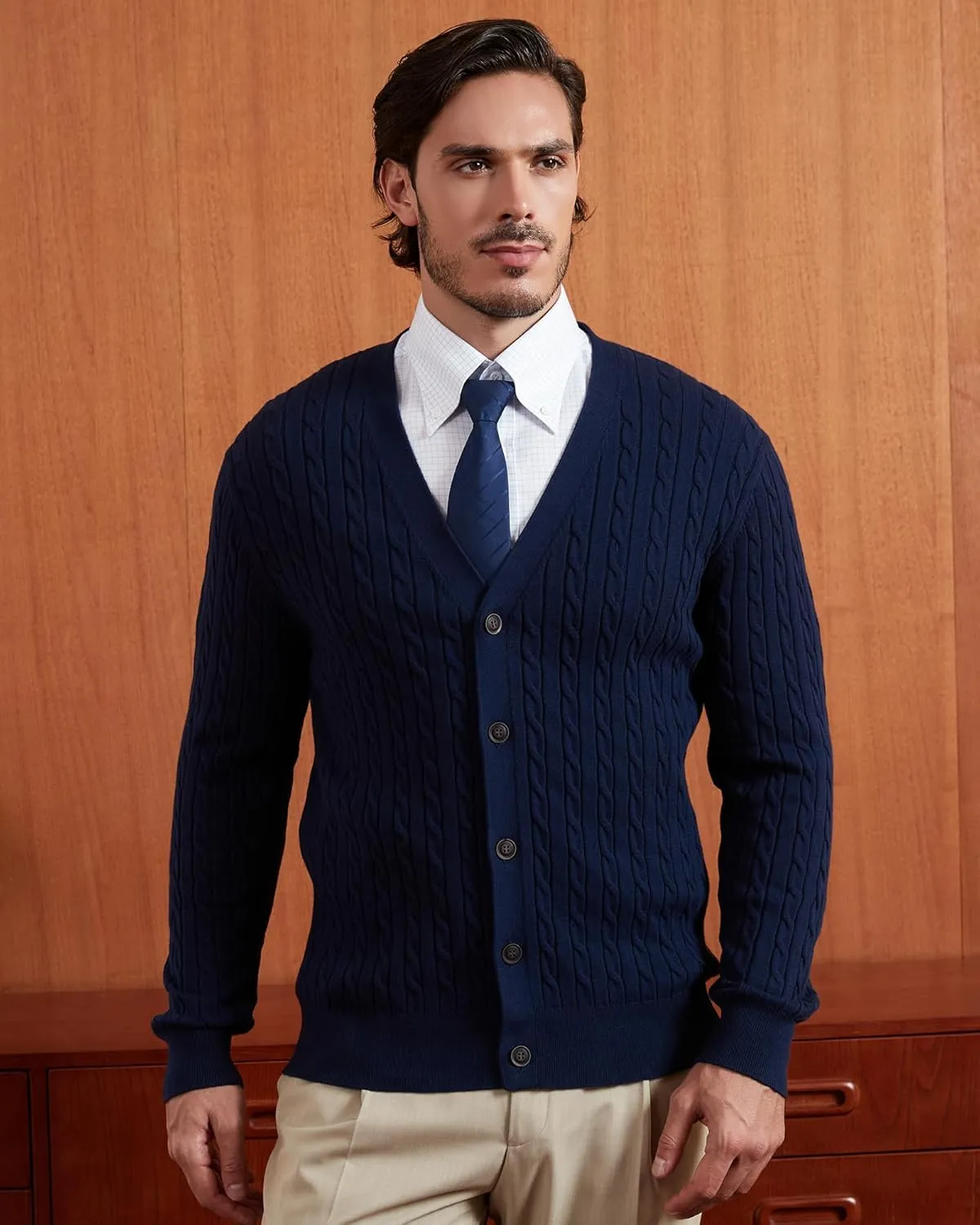 Kallspin Men's Pure Cotton Cable Knit Cardigan V-Neck Sweater Classic Casual Knitwear with Buttons