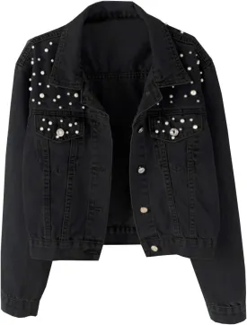 Kedera Women Oversized Denim Jacket Embroidered Pearls Beading Jeans Coat
